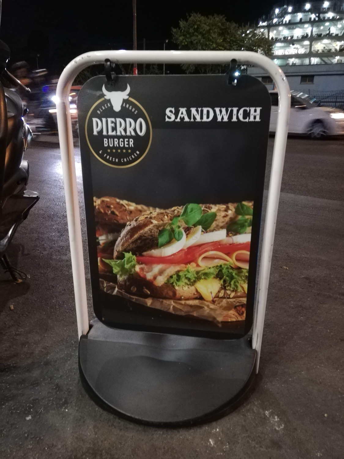 My BLT sandwich photograph on a Pierro Burger sidewalk A-frame sign