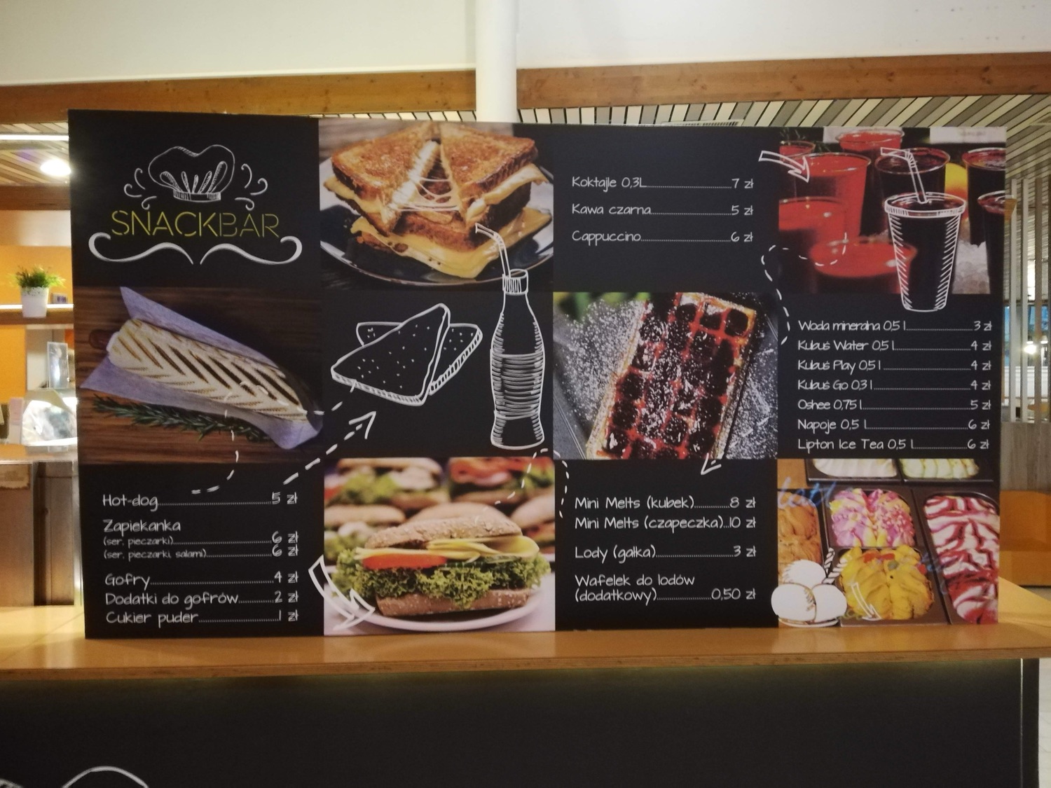 Multiple of my food photographs assembled on a Snackbar venue menu board